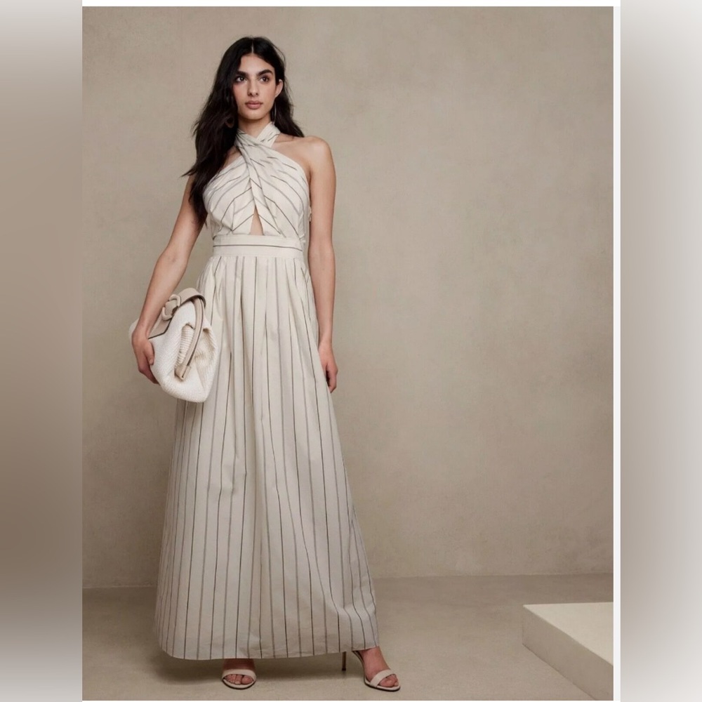 BANANA REPUBLIC - RHAPSODY POPLIN MAXI DRESS Ecru Stripe SIZE 10